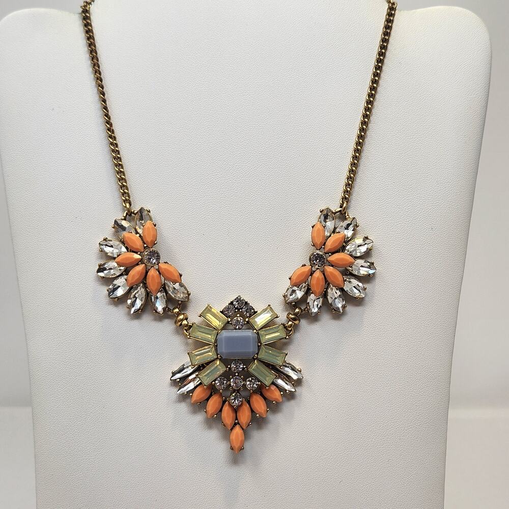 J Crew Orange Green Clear Rhinestone Cluster Statement Necklace Gold Tone